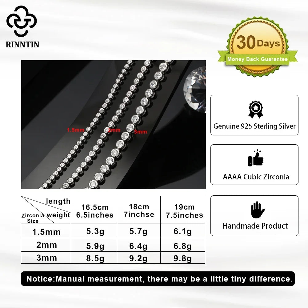 Rinntin Shiny Tennis Bracelet 925 Sterling Silver 1.5/2/3mm Clear Cubic Zirconia for Women Luxury Chain Bracelet Jewelry SB143