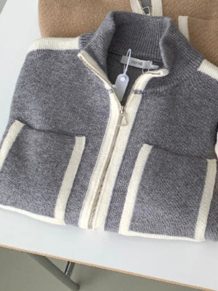 Y2k Elegant Casual Knitted Chic Jumpers Double Zipper Pockets Tender Cardigans Women Sweet Loose Stand Neck Sweaters Japanese