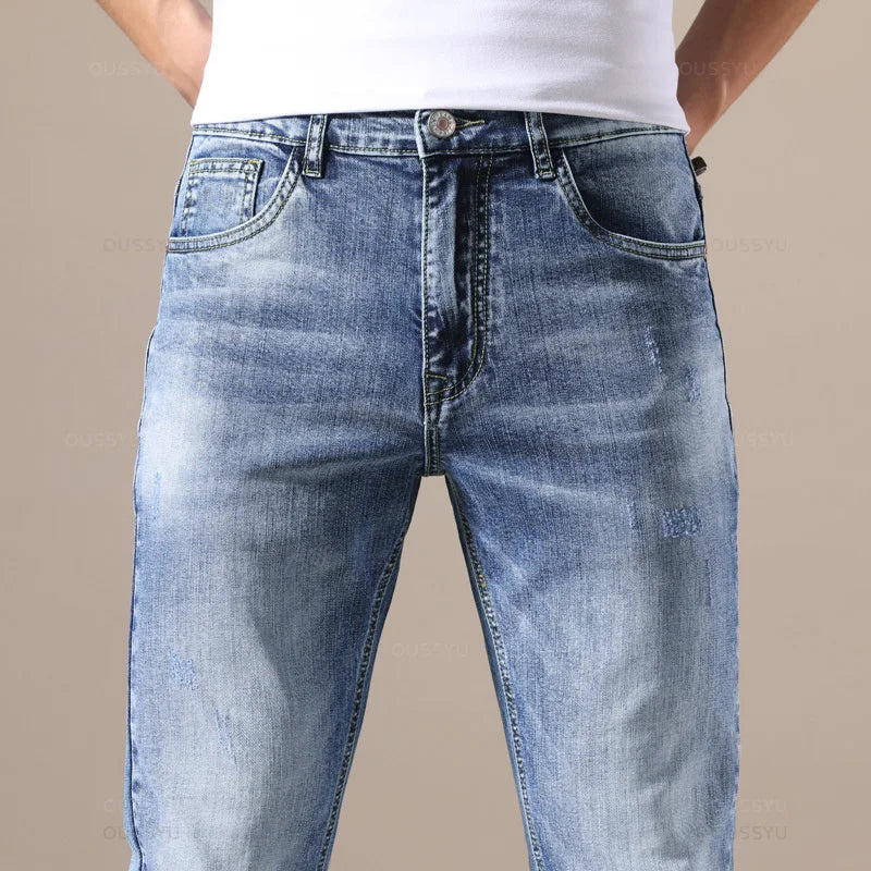 Clothing Jeans Men High Quality Stretch Light Blue Denim Fashion Pleated Retro Pocket Skinny Trousers Pants 28-40