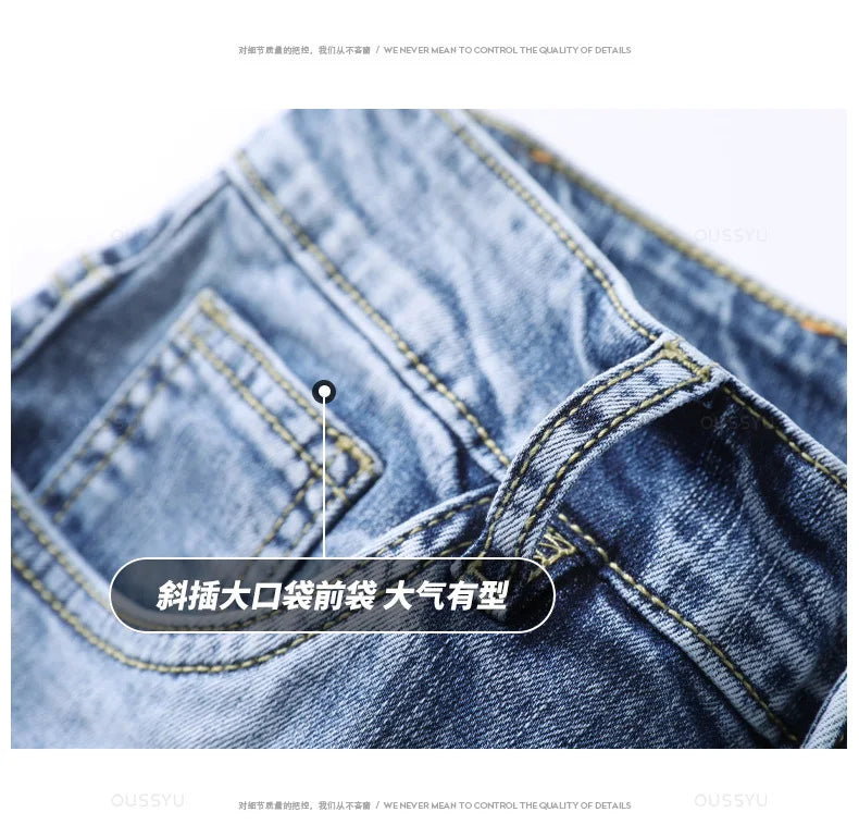 Clothing Jeans Men High Quality Stretch Light Blue Denim Fashion Pleated Retro Pocket Skinny Trousers Pants 28-40