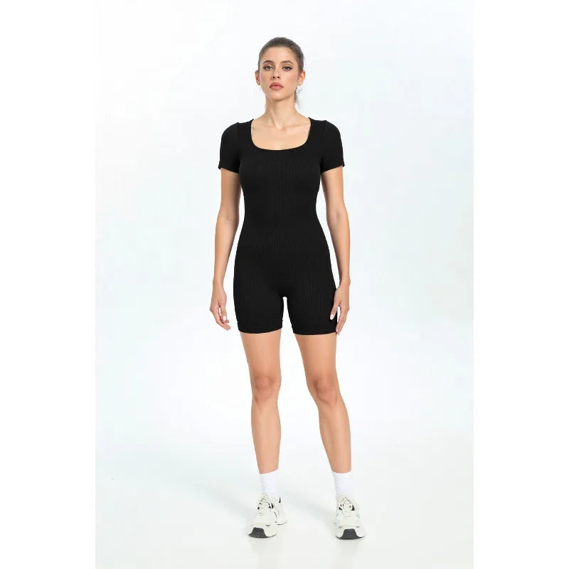 Seamless Ribbed Short Sleeve Bodysuit Women Yoga Outfit Tummy Control Sportswear for Running Workout Gym Fitness Clothes