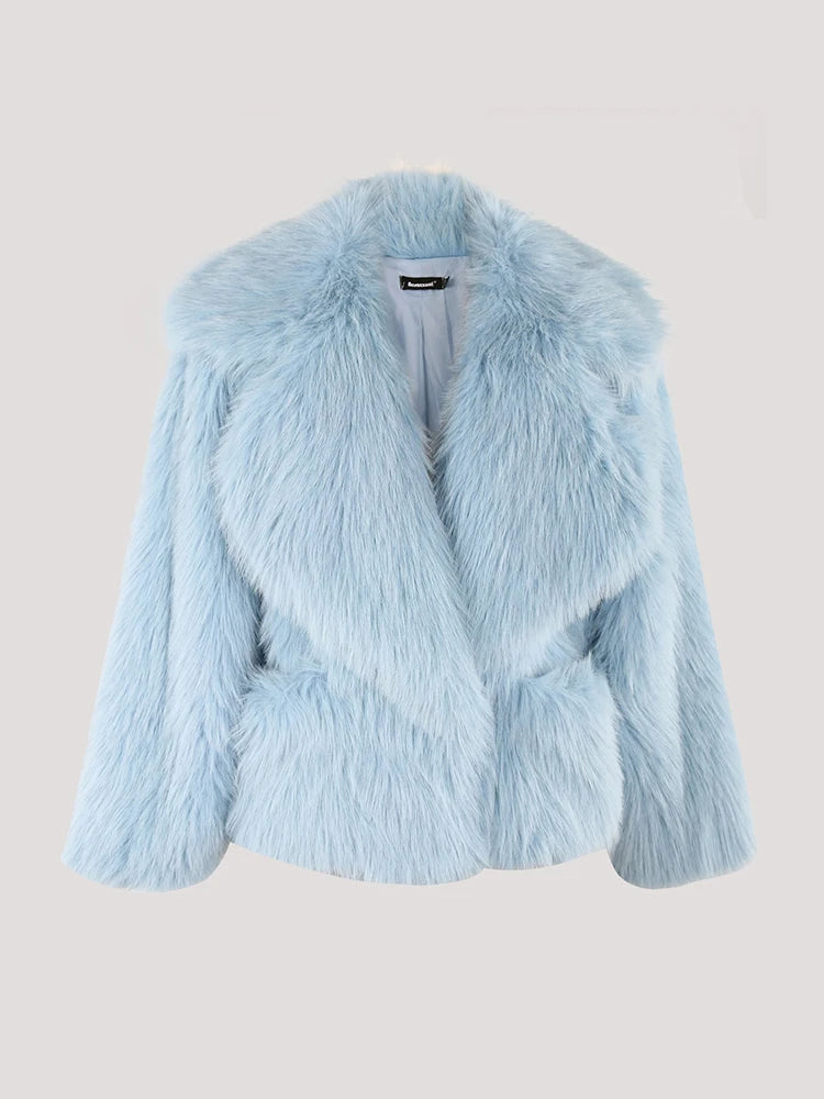 Nerazzurri Winter Short Loose Casual Hairy Soft Thick Warm Pink Faux Fur Coat Women with Big Collar and Pockets Fluffy Jacket