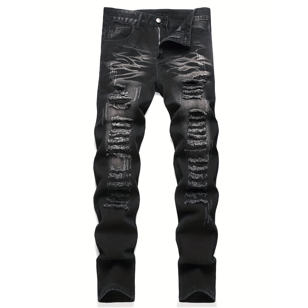 Men’s trendy streetwear: black ripped straight-leg jeans – an excellent gift for husbands or boyfriends.