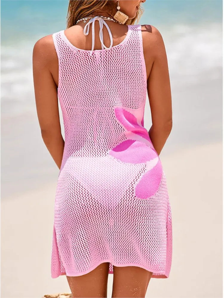 Sexy Women Knit Beach Dress Hollow-Out O-Neck Sleeveless Bikini Cover-Ups Dress Holiday Dress  Summer Swimwear Beach