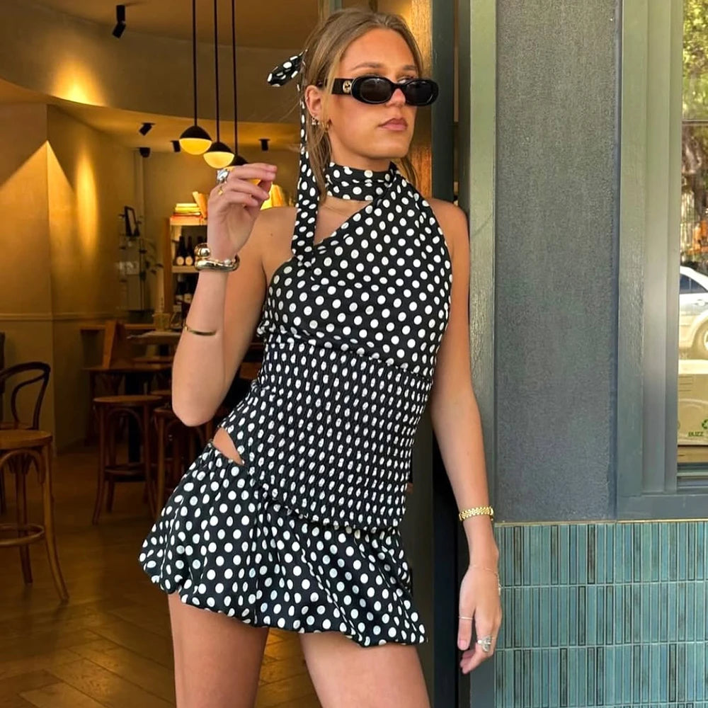 Talenza Bowknot Short Skirt Two Piece Women Sexy Strapless Polka Dot Tie Top Ruffle Skirt Set Vintage Sexy Sleeveless Skirt Set