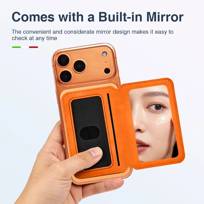 Thin Leather Wallet Magnetic Cellphone Card Holder For IPhone 16 15 14 13 18 17 Pro Max For Magsafe Bring Your Own Makeup Mirror