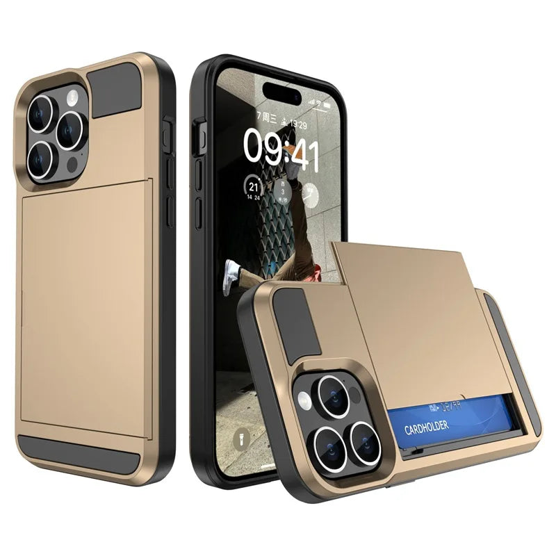 Phone Case for IPhone 16 15 14 Plus 13 12 11 Pro Max Wallet with Card Holder Slot Sliding Pocket Dual Layer Protective Cover