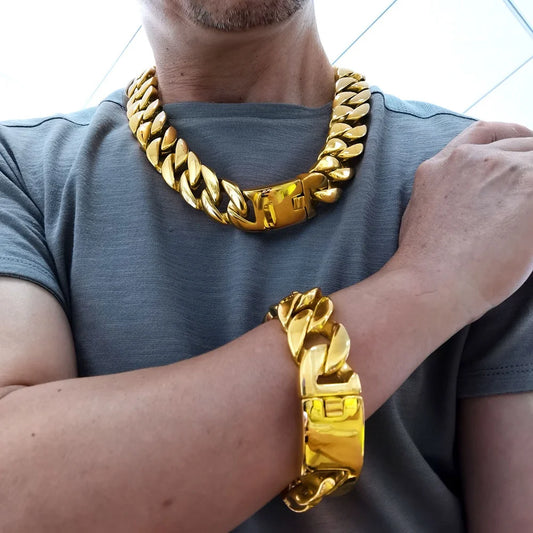 316L Stainless Steel  Tone Curb 24mm Solid Heavy Long Necklace + Bracelet Jewelry