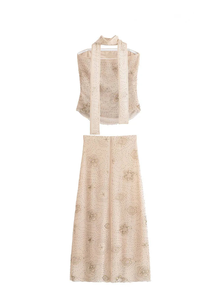 Women Elegant Skirt Set Pleated Sleeveless Beaded Decoration Backless Shorts Tops+High Waist A-Line Mesh Long Skirt Suits