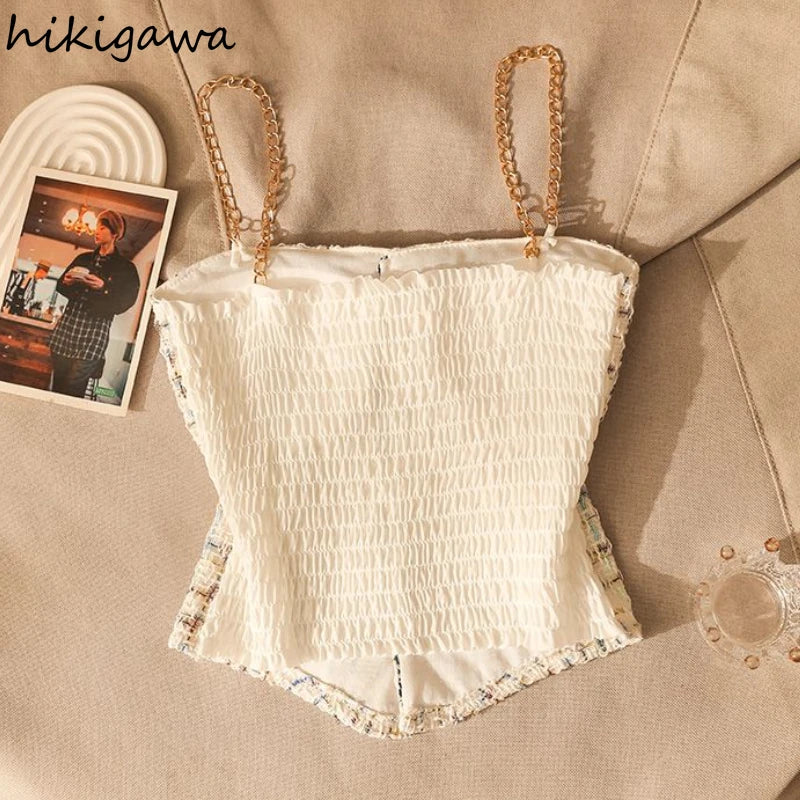 Ropa Mujer Summer Tanks for Women's Sweet Plaid Tunic Sleeveless Camis Crop Tops Chic Chian Backless Single Breasted Vest