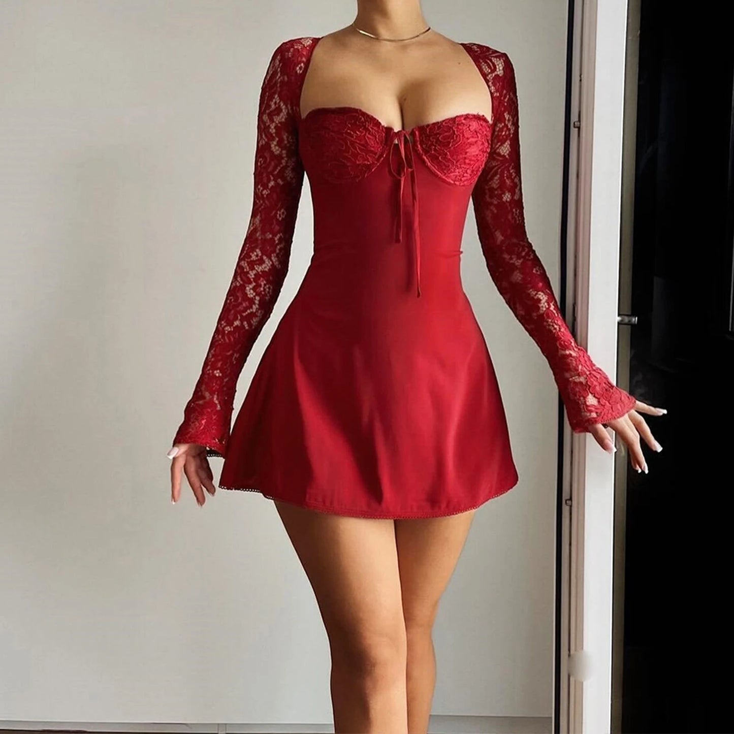 Women Summer Sexy Bodycon Dresses Long Sleeve Mini Dress Lace Patchwork Tie up Backless A-Line Party Dress for Cocktail