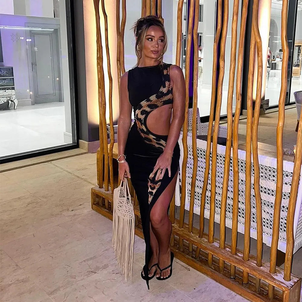 European And American Traditional Wear Dress Women's Long Black Maxi Dress Side Slit Cutout Waist Snake Print Hollow Out Round