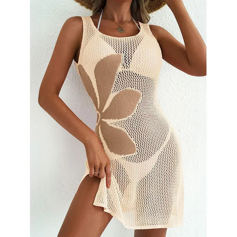 Sexy Women Knit Beach Dress Hollow-Out O-Neck Sleeveless Bikini Cover-Ups Dress Holiday Dress  Summer Swimwear Beach