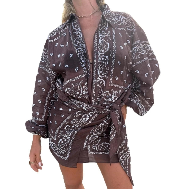 Bandana Print Cropped Shirt&Bottoms Set Button-Down Shirt Skirt/Pants Spring Boho Western Women Suit Holiday Casual Outfit