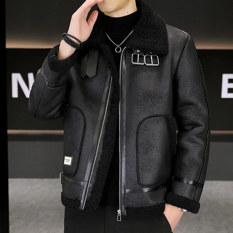 High-quality Faux Fur Leather Jackets Men Splicing Pockets Trend Casual Motorcycle Bike Jacket Winter Thick Warm Coat Streetwear