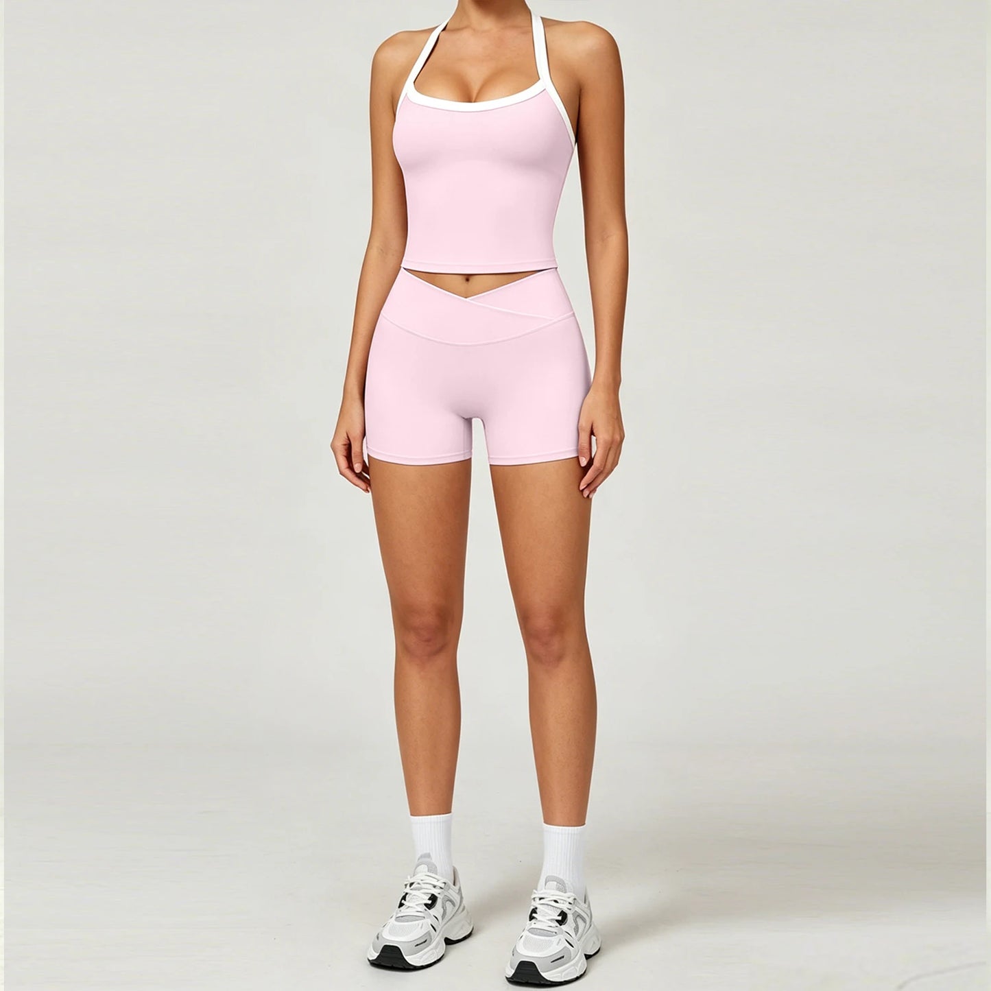 GYM 2 Piece Set Racerback Design+Shorts Women Sports Bra with Padded Yoga Halterneck Top High Waist Pant Summer Running Fitness