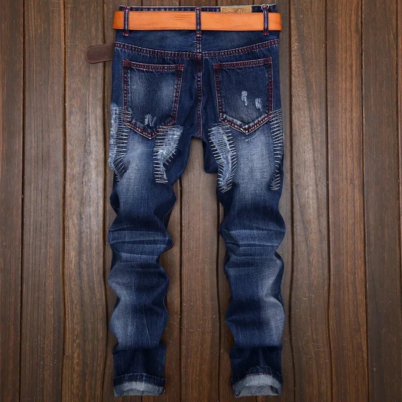 New Men's Ripped Vintage Jeans Straight Denim Trousers Male Distressed Personalized Motorcycle High Street Spliced Jeans Pants