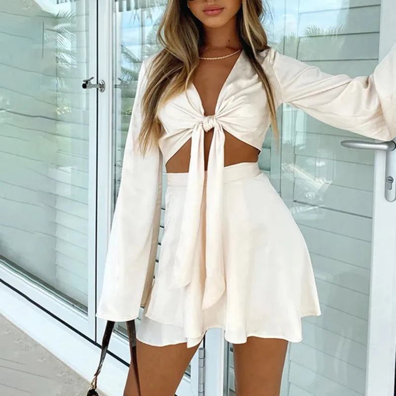 Y2k Two Piece Set Women Autumn White Lantern Long Sleeve Crop Cardigan Tops Elegant  Suits Lace Up Wrap Sexy Mini Skirts