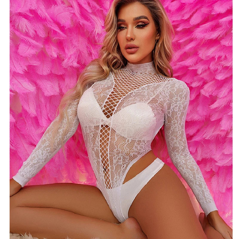 Open Back Lace Sheer  Long-sleeved Bodysuit Summer Sunscreen Breathable Tops Siamese Fishnet T-shirt Body Socks For Women Tights