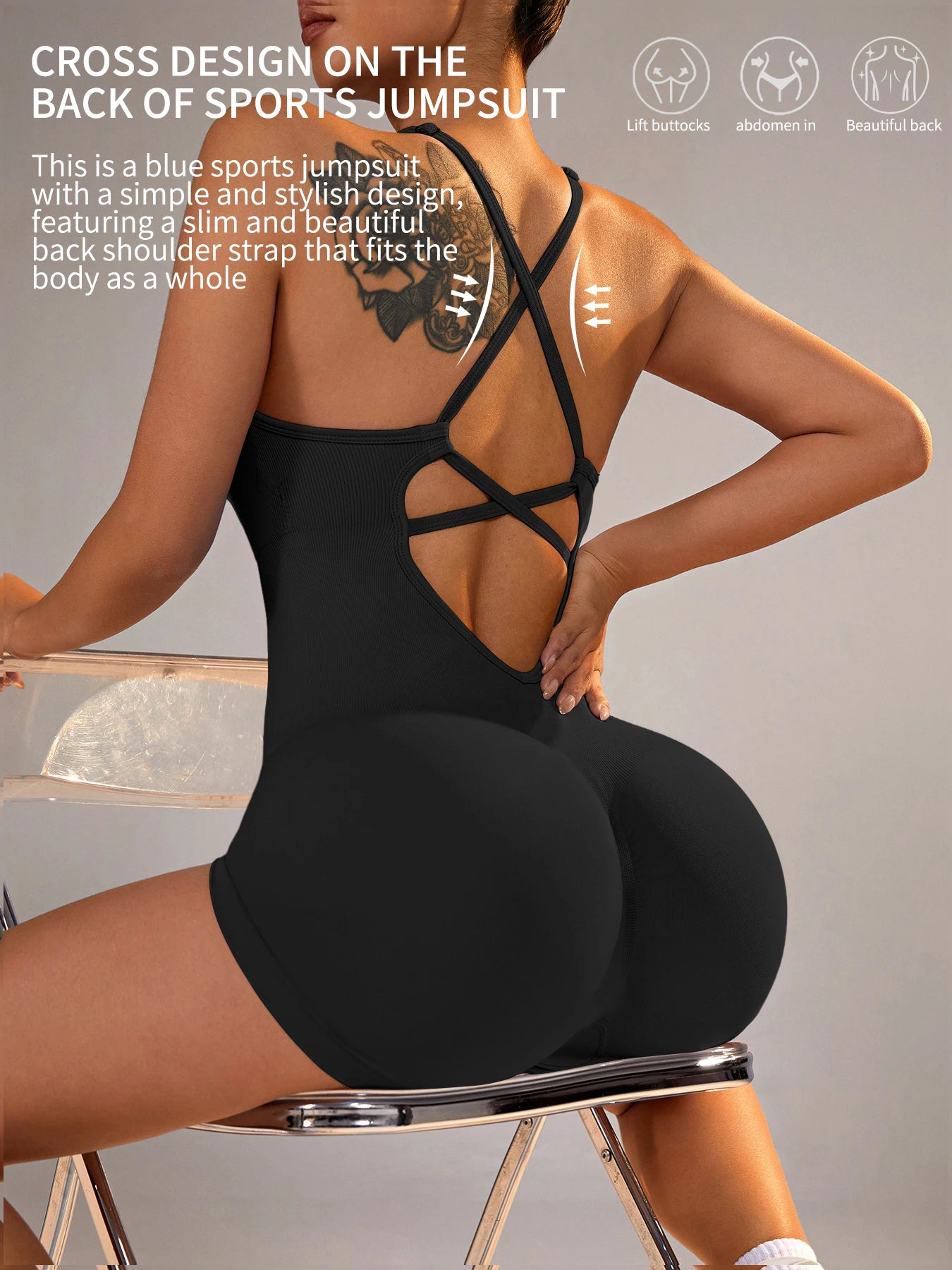 Women's Sexy Fitness Jumpsuit Cross Adjustable Sports Playsuit One Piece Yoga Suit with Scrunch Shorts And Backless Design