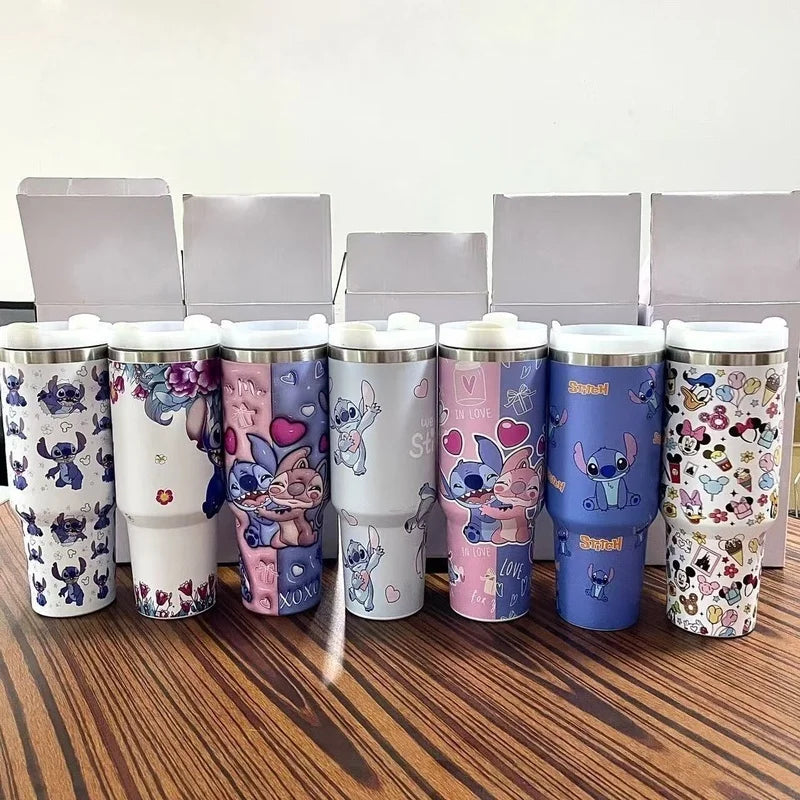 Stitch And Angel Stainless Steel Tumbler Cartoon Comic Thermal Mug With Straws And Lid 40oz Mugs Cup Cold And Hot Water Bottle
