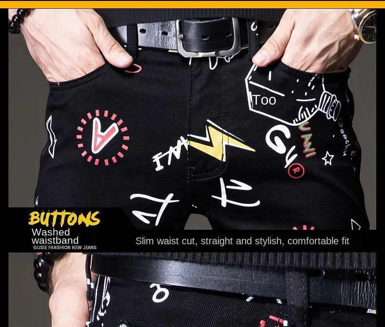 Luxuriöse Jeanshose für Herren, Hip-Hop-Jeans mit Graffiti-Print, Designer-Jeans in Slim Fit, trendige schwarze Jeans, Stretch-Cowboy-Baumwollhose für Männer