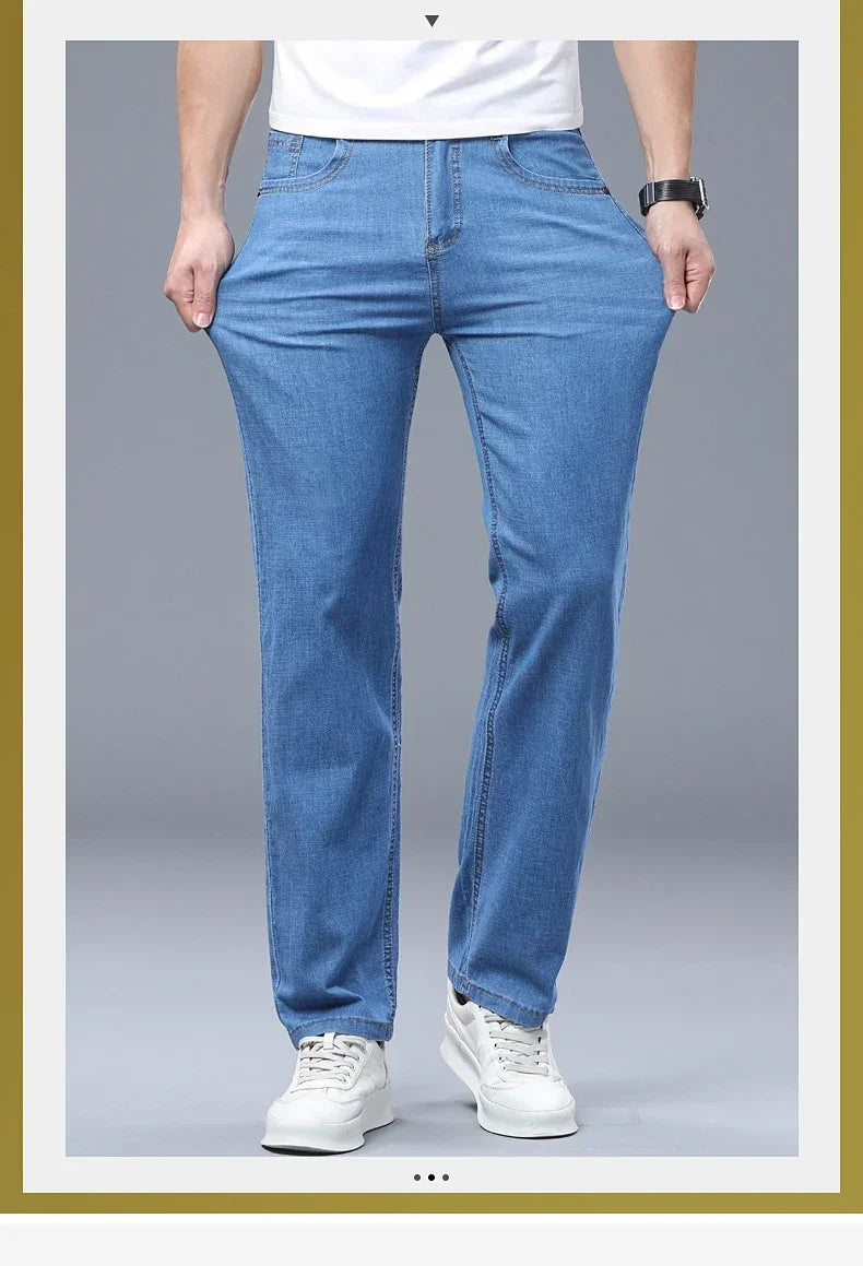 Business Thin Denim Jeans for Men Straight Stretch Cotton Work Pants Business Casual Lightweight Trousers Spring Autumn Workwear