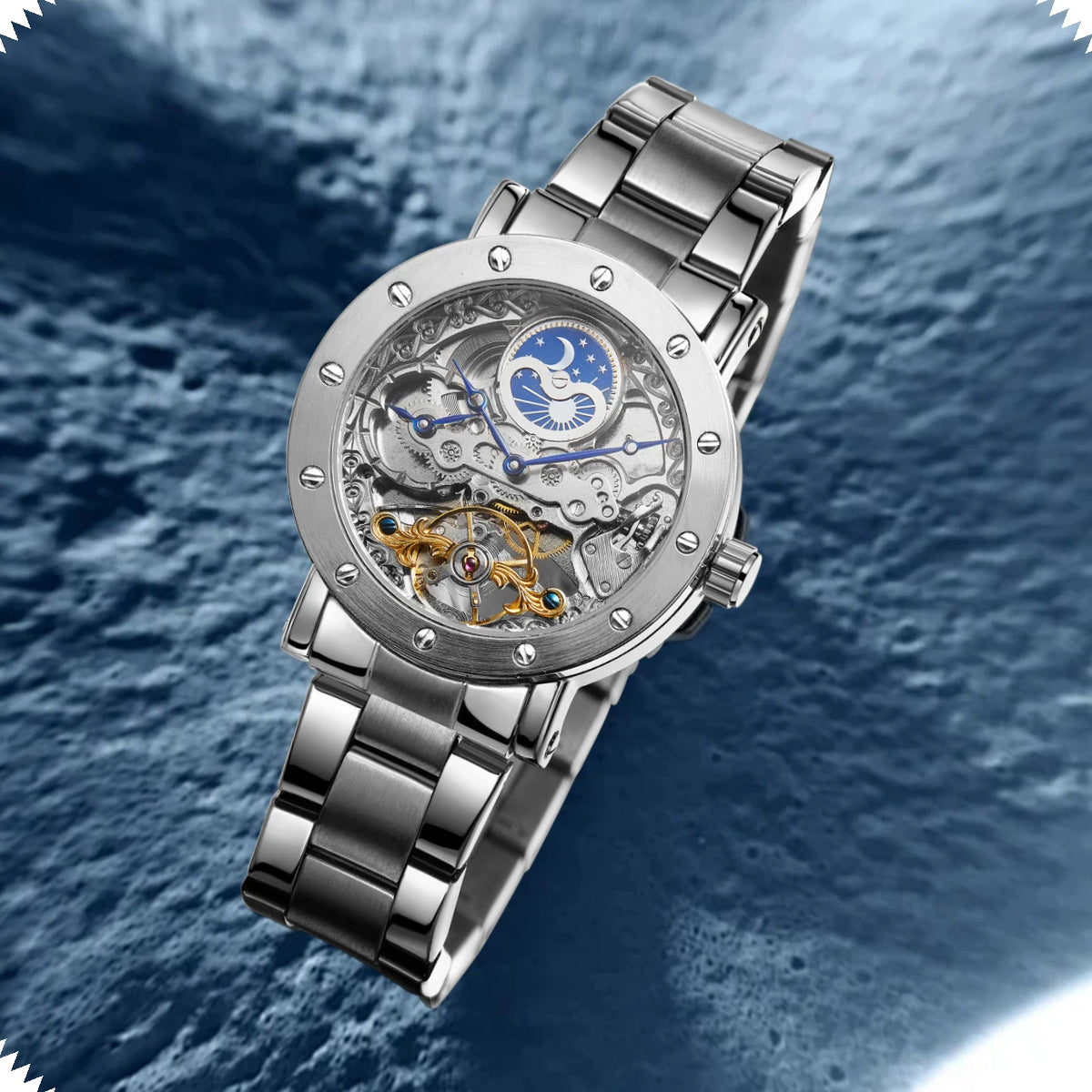 Luxury Brand GMT Time Zone Moon Phase Automatic Movement Man Watch Stainless Steel Skeleton Mechanical Waterproof Male Clockwork