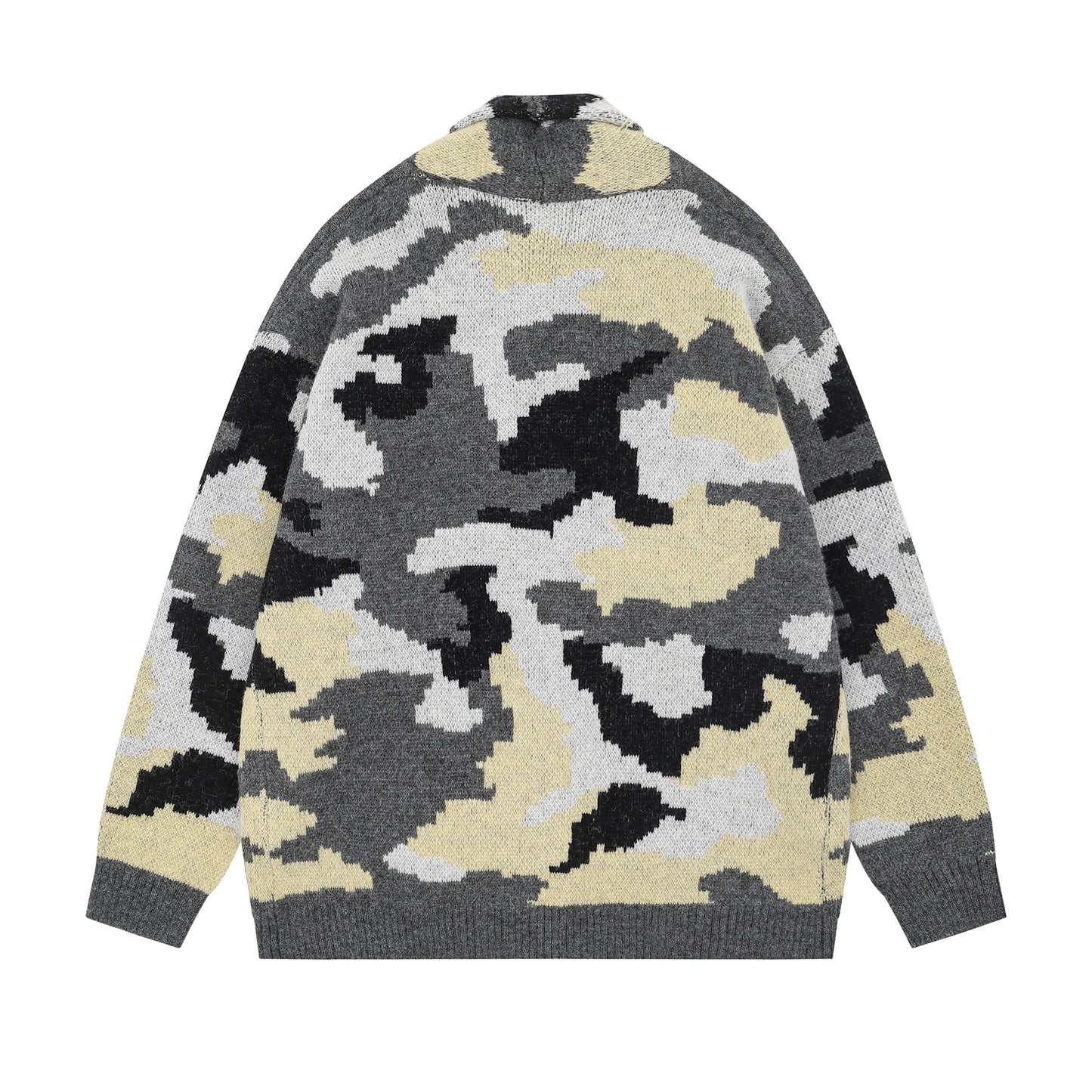 Vintage Camouflage Knitted Cardigan Jacket Autumn and Winter Print Button Stand Collar  Knitwear for Men Baggy Sweater Coat