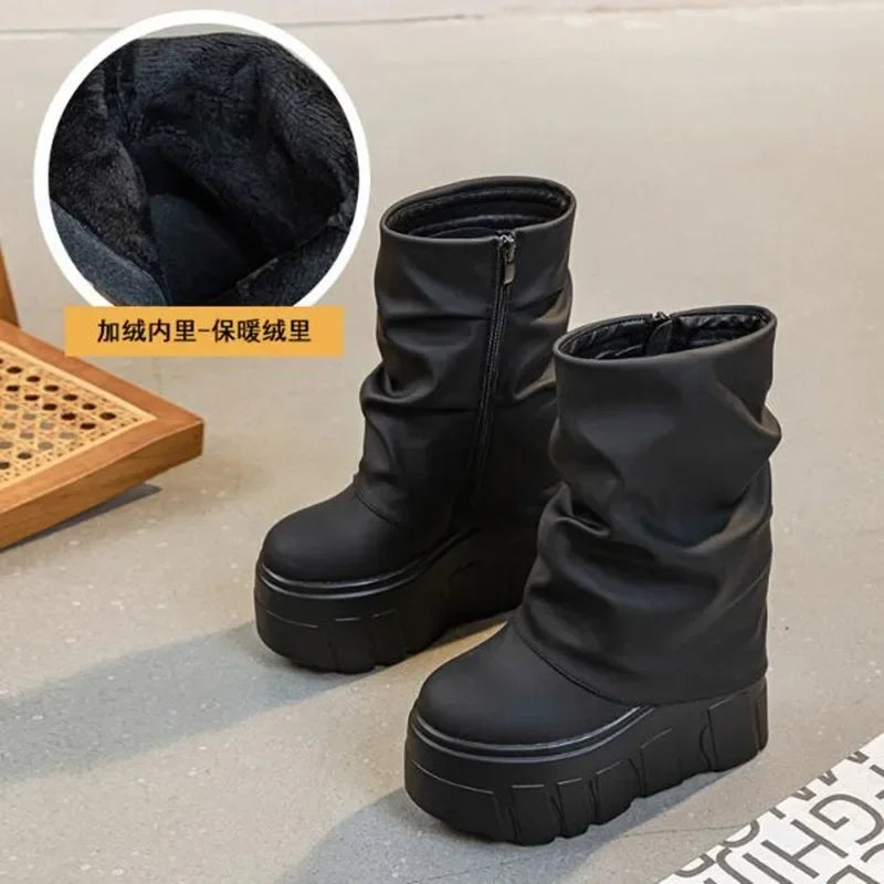 14CM New Ankle Booties Shoes Natural Microfiber Leather Boots 2025 Winter Women Motorcycle Boots Platform Ladies Fashion Botas