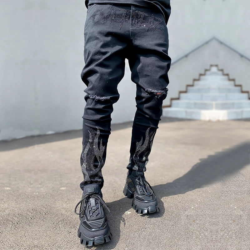 Y2K Herren Stretchy Ripped Skinny Black Jeans Schlanke hochwertige Lochhose Ästhetische Strasssteine ​​Streetwear Denim Bleistifthose