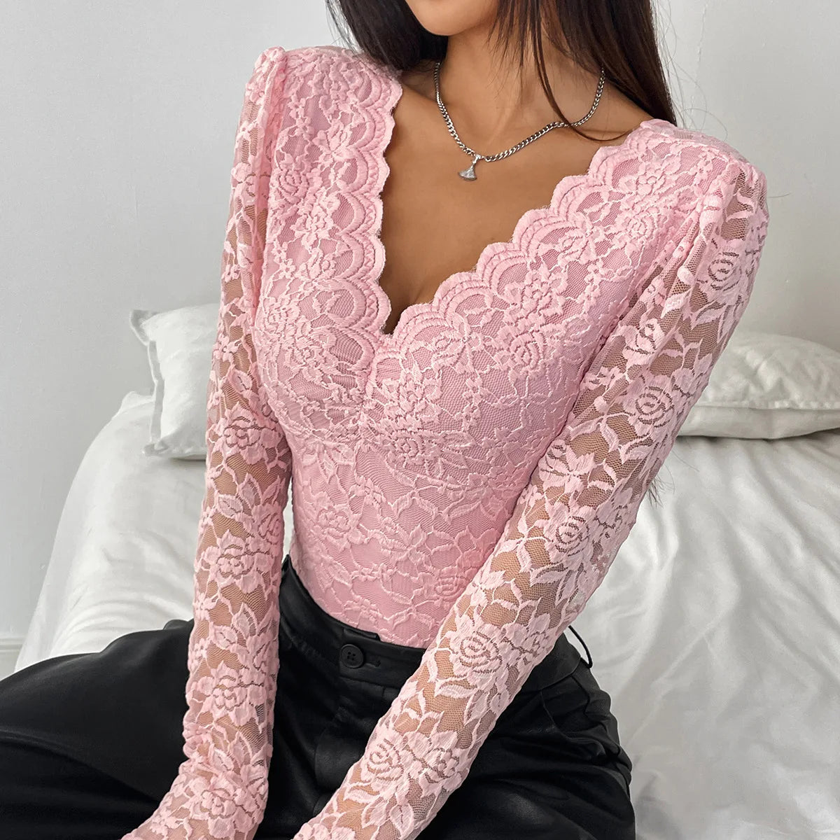Women's Jumpsuit Onesie Lace Long Sleeve Perspective Embroidery Black V-neck Slim White Base Shirt Red Bodysuit