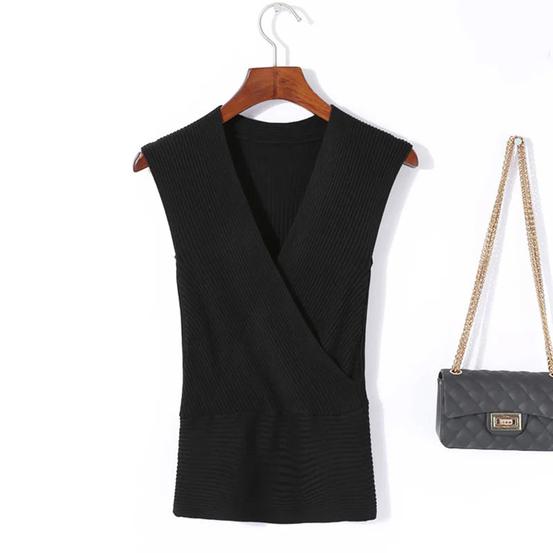 Sexy Deep V Neck Sweater Women 2025 New Womens Clothing Slim Bottoming Large Elastic Knitwear Rib Cotton Sleeveless Top Jerseys