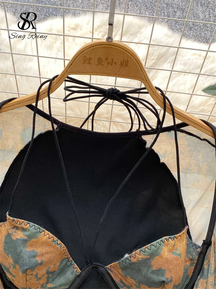 SINGREINY Halter Gauze Print Sexy Rompers Women Spliced Long Sleeve Playsuits Fashion Retro Open crotch Corset Ladies Bodysuits