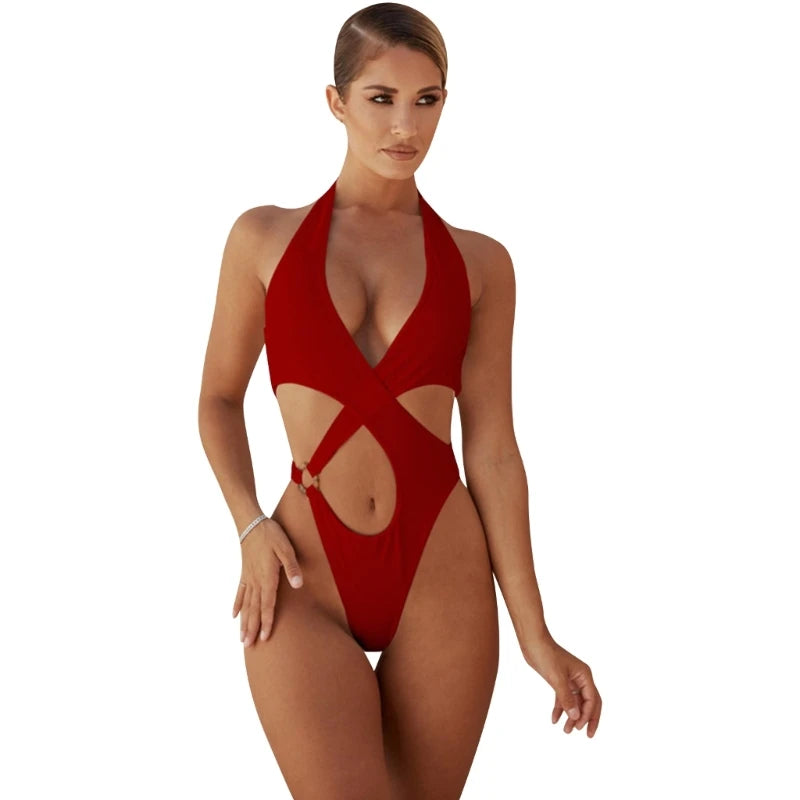 Einteiliger Badeanzug für Damen, sexy Cut-out-Bademode, Neckholder-Bikini, gekreuzter Badeanzug, hohle rückenfreie Bademode, brasilianische Bademode