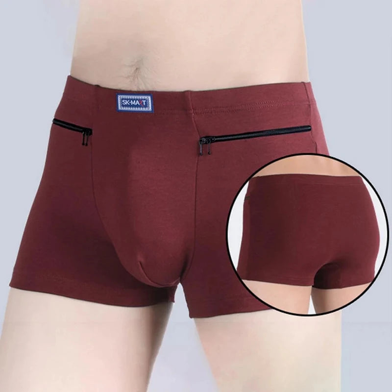 Men Cotton Boxer Panties Underwear Anti-theft Zippers Pockets Briefs Underpants Casual Solid Men's Boxers Shorts