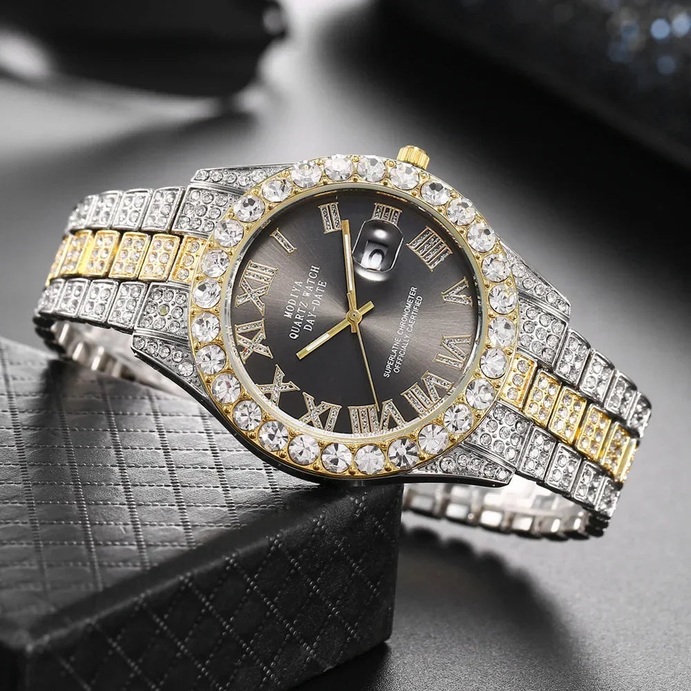 Diamond Bling Watch Men Gold Color Luxury Gift Quartz Watches Male Clock Dropshipping  Rhinestone Calendar Wristwatch