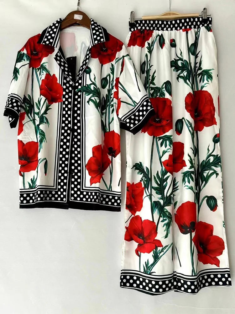 Luxury printed loose long-sleeved shirt spring and summer women's two-piece suit+elastic waist straight pants casual suit