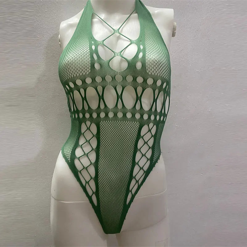 Open Back Lace Sheer  Long-sleeved Bodysuit Summer Sunscreen Breathable Tops Siamese Fishnet T-shirt Body Socks For Women Tights