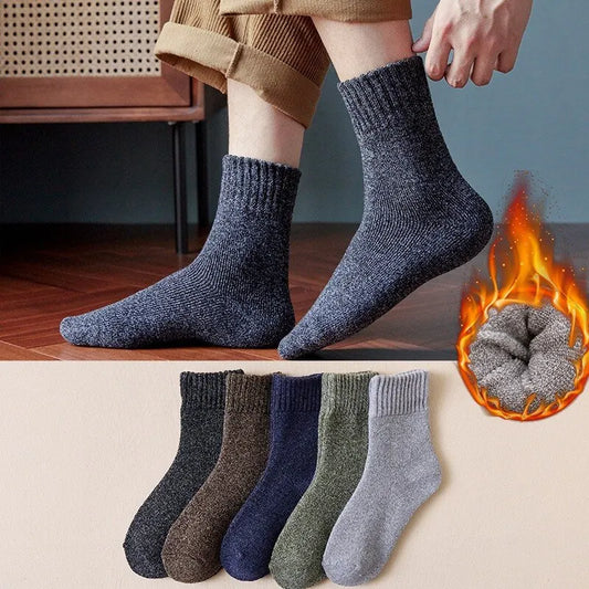 5 Pairs Of Men's Thermal Cotton Blend Plain Mid Crew Socks, Solid Soft Comfy Socks For Men's Outdoor Wearing