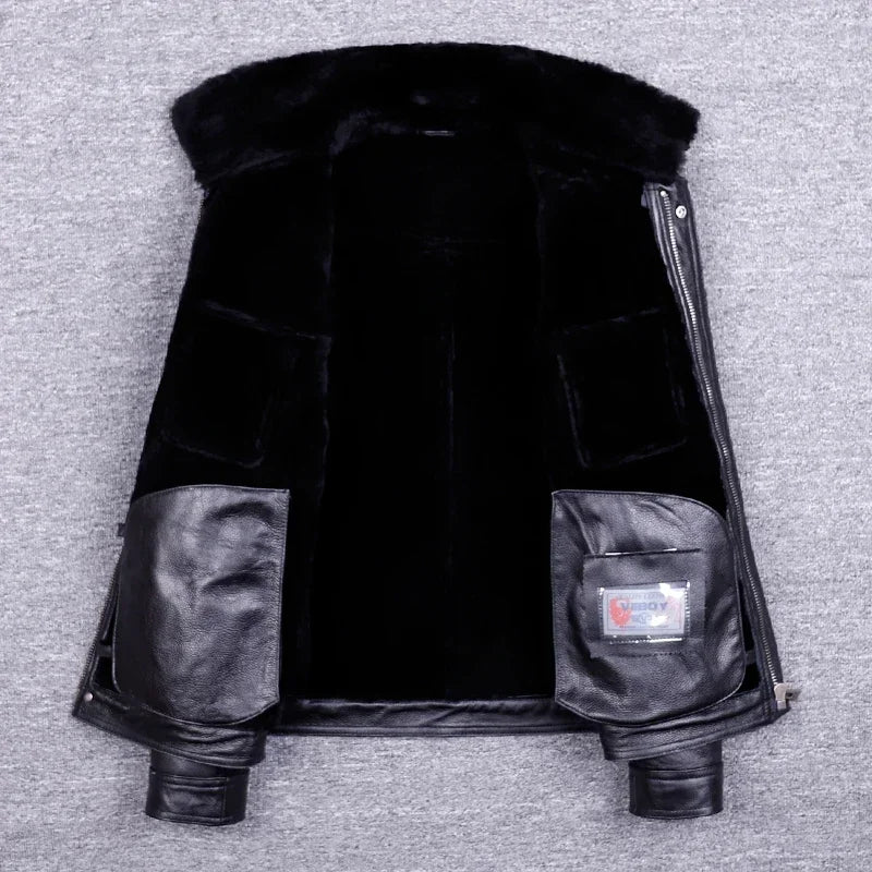 Mens Real Fur Coat Winter Warm Men Fur Coats Genuine Leather Motorcycle Jacket Natural Leather Fur Manteau Homme SGG1109