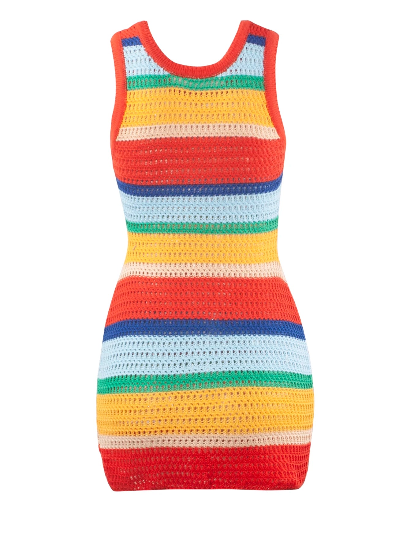 Women Panelled Striped Knitted Hollow Out Mini Dress Casual Tank Sleeveless Bodycon Hot Girl Streetwear Outfit