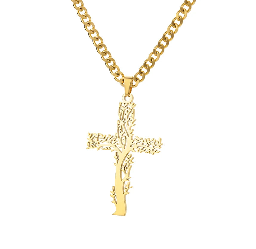 Stainless Steel Jesus Cross Necklace For Women Men Gold Color Caravaca Angels Crucifix Charm Choker Rapper Jewelry Hip Hop Gift