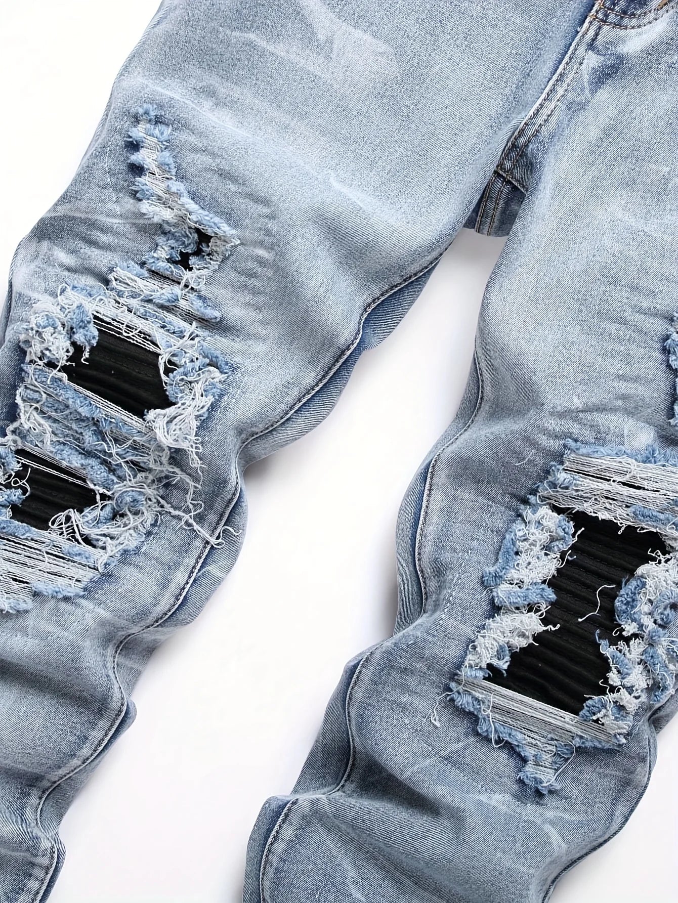 Men's Stretchy Denim Jeans Streetwear Tearing Patchwork Holes Ripped Denim Elastic Waist Casual Pants Slim Fit Straight Trousers