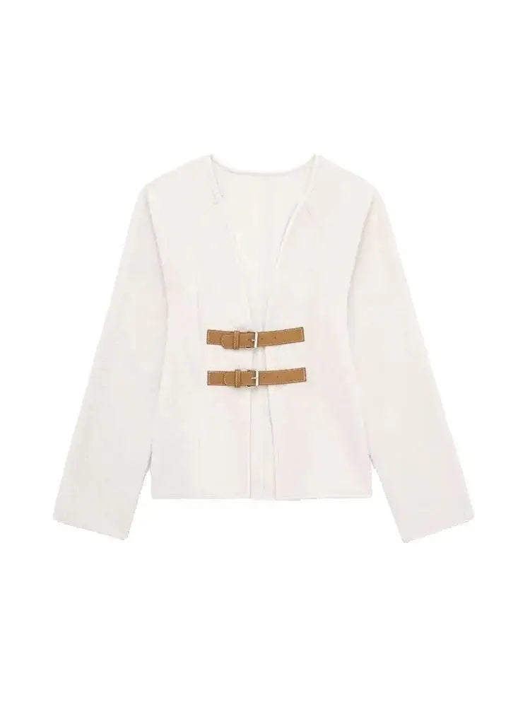 Women Fashion With Belt Woolen Jacket Coat V Neck Long Sleeve Female Outerwear Chic Tops