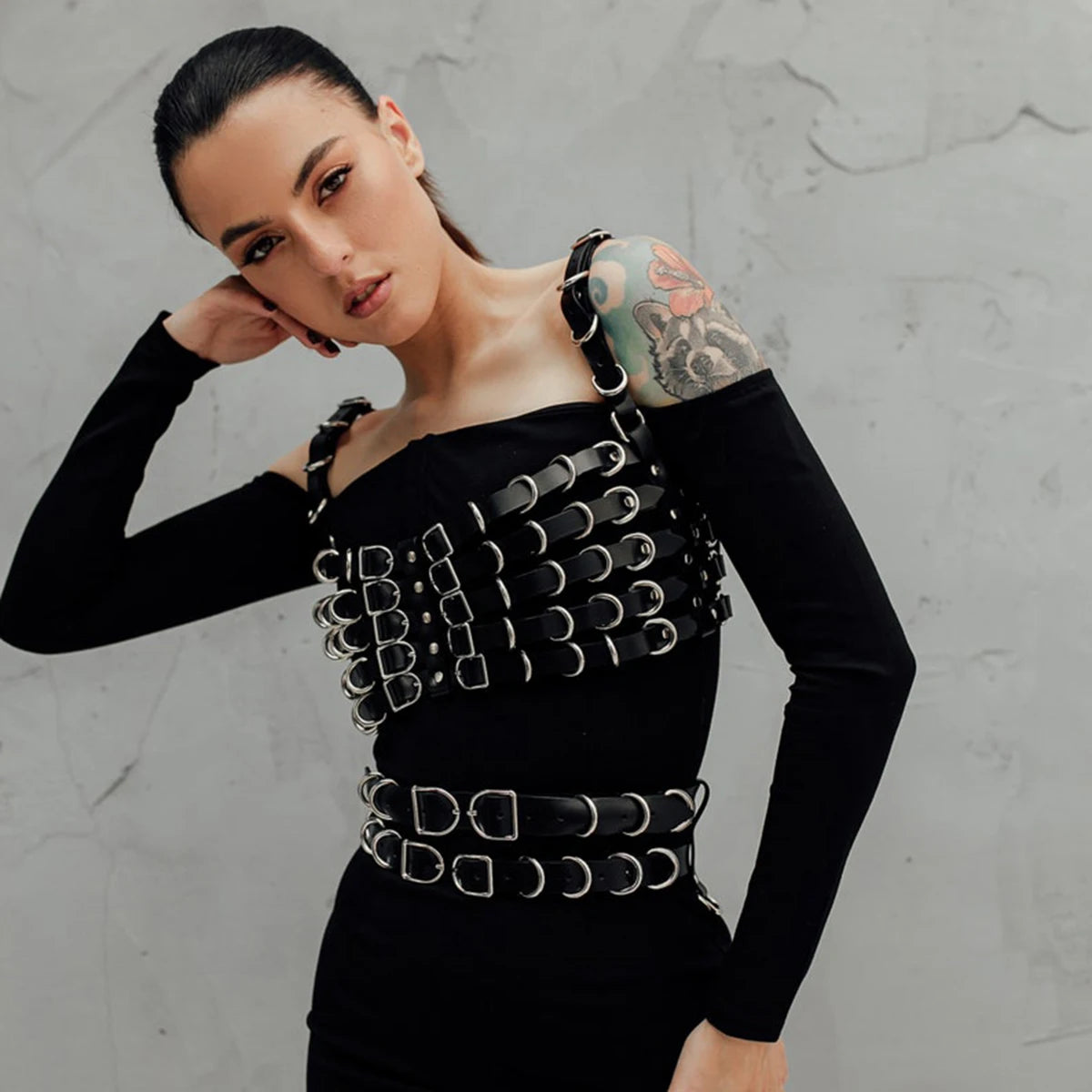 Harness PU Leather Metal Ring Adjustable Shoulder Strap Gothic Chest Belt Set Punk Accessory For Rave Party Dating Festival