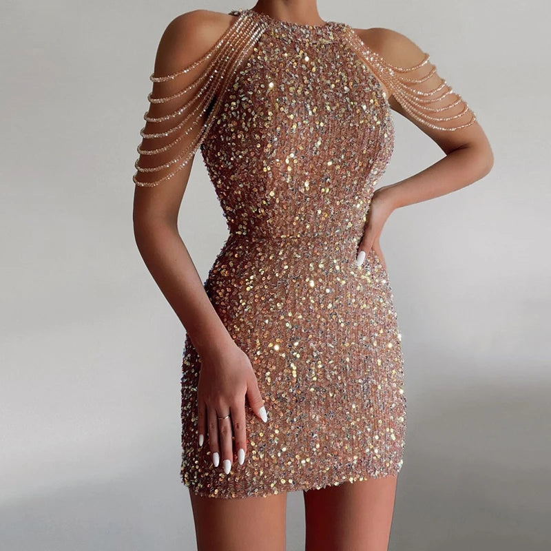 Sexy Glitter Pailletten Tasche Hüfte Kleid Frauen Elegante Kristall Quaste Solide Mini Kleid Sommer Mode Hängenden Hals Club Party Kleider