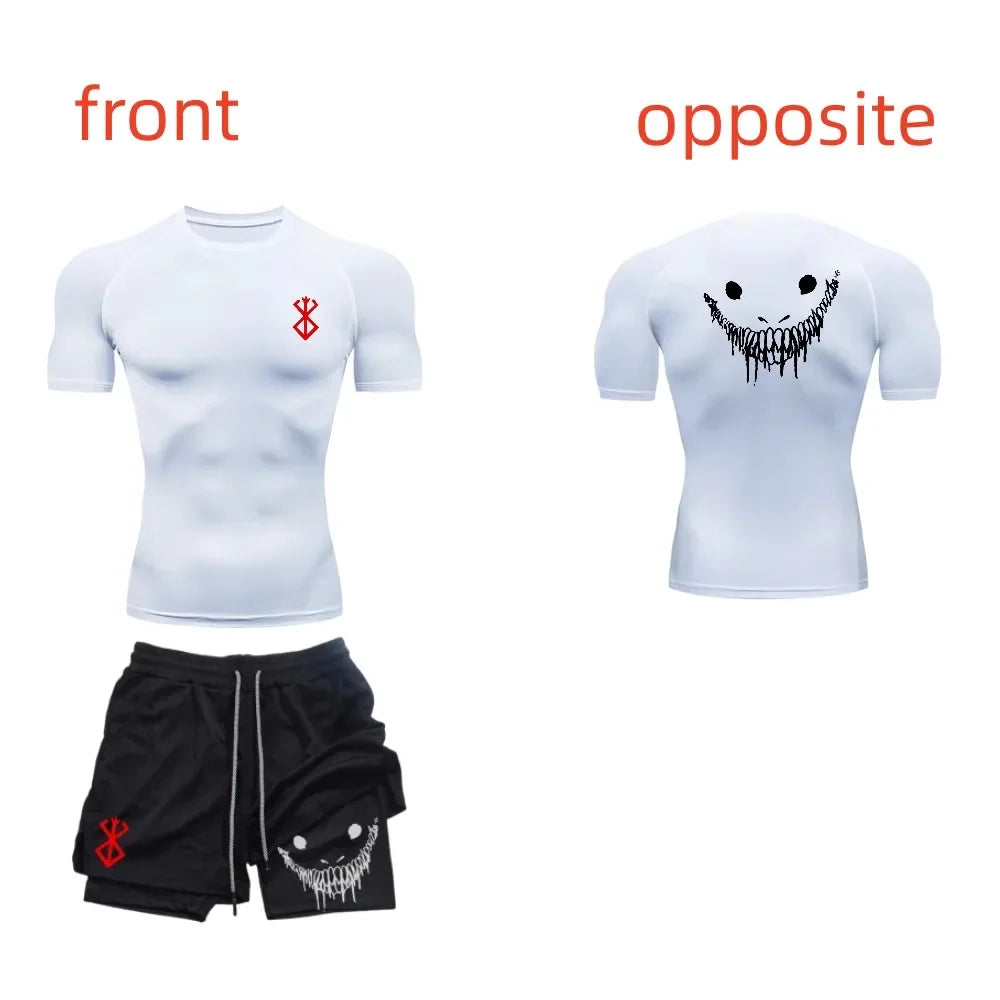 Men's fashionable casual fitness set, gym quick drying sportswear, shorts+shirt, 2-piece set, running, training, summer