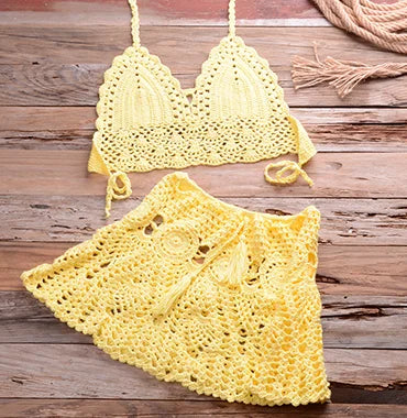 Two-piece Crochet Women Bikini Set Cover Up Swimsuit Swim Skirt Swimwear Bathing Swimdress Beachwear