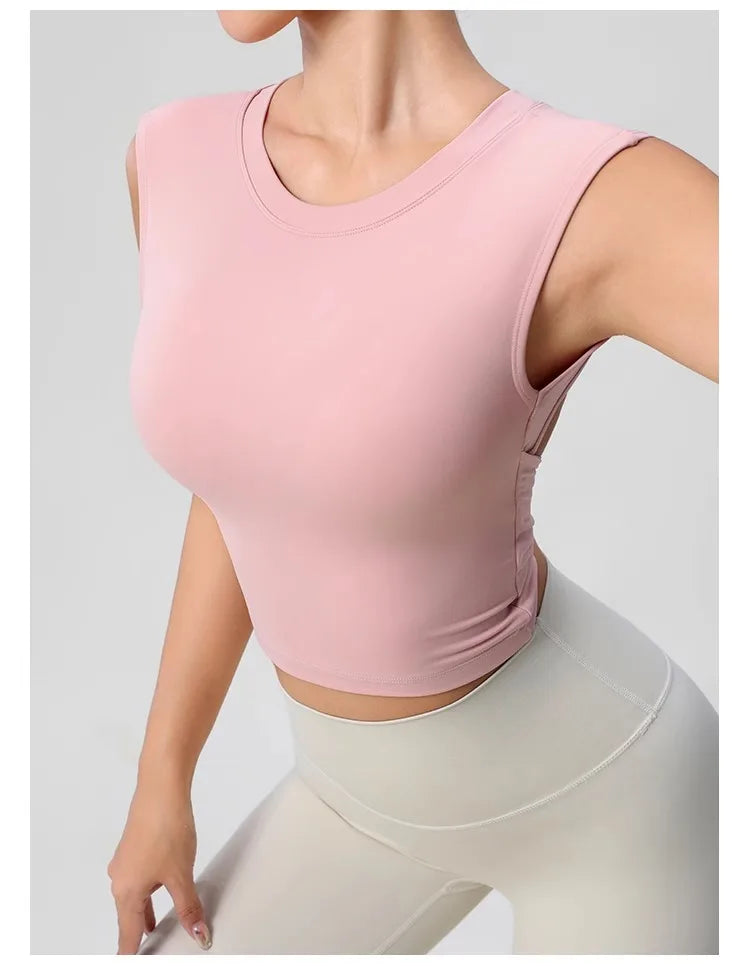 Women's Backless Fitness Clothes with Fixed Chest Pad Beautiful Top Short Sleeve Dance Sport  T-Shirt Yoga Wear